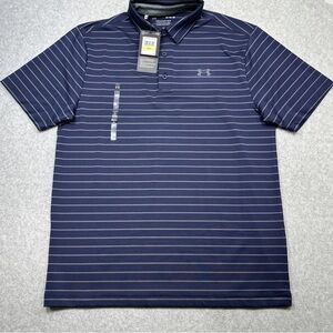 Under Armour Playoff Polo Medium Navy Blue Stripe Golf Performance Short Sleeve